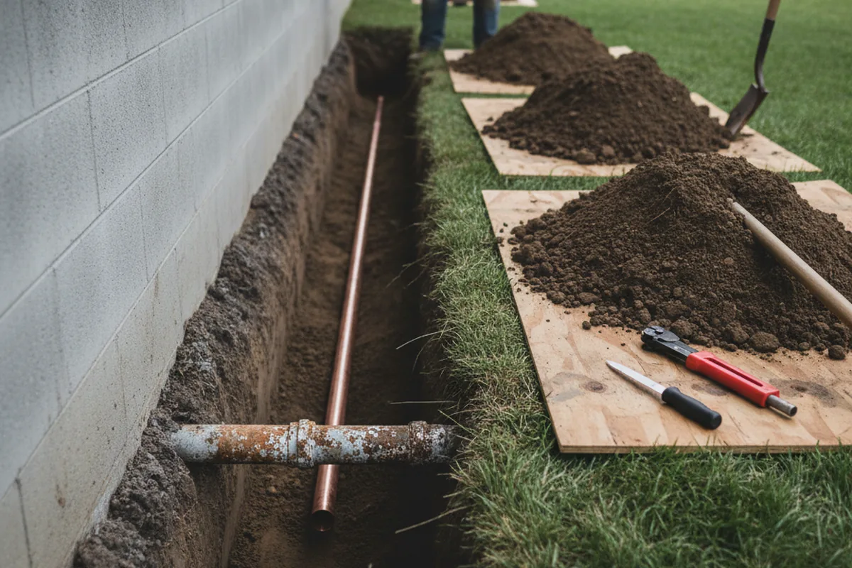 Excavated water line trench during Water Softener Installation in Hibernia